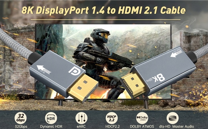 KABEL DISPLAYPORT - HDMI 2.1 PRZEWÓD ADAPTER DISPLAY DP 8K 4K 120HZ HDR 2M