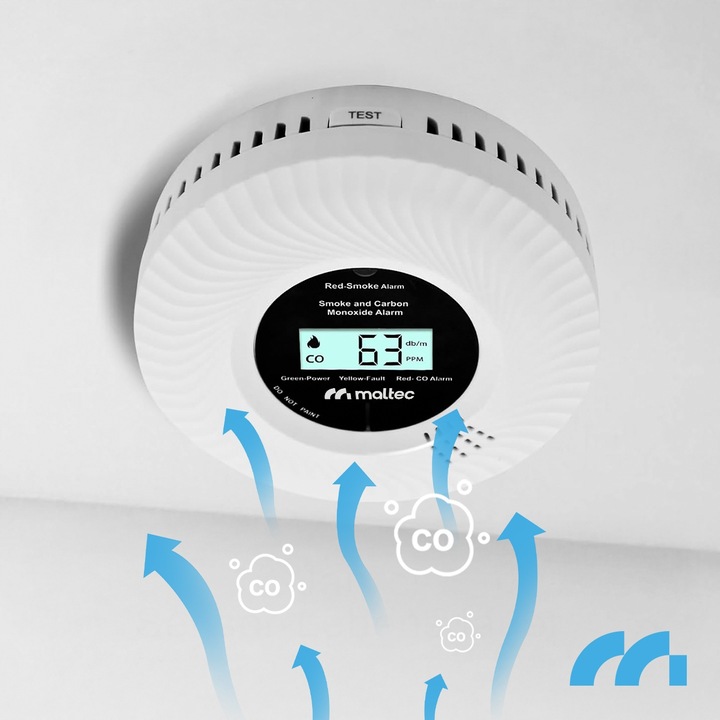 CZUJNIK CZADU I DYMU DETEKTOR TLENKU WĘGLA CERTYFIKOWANY ALARM 2w1 LCD