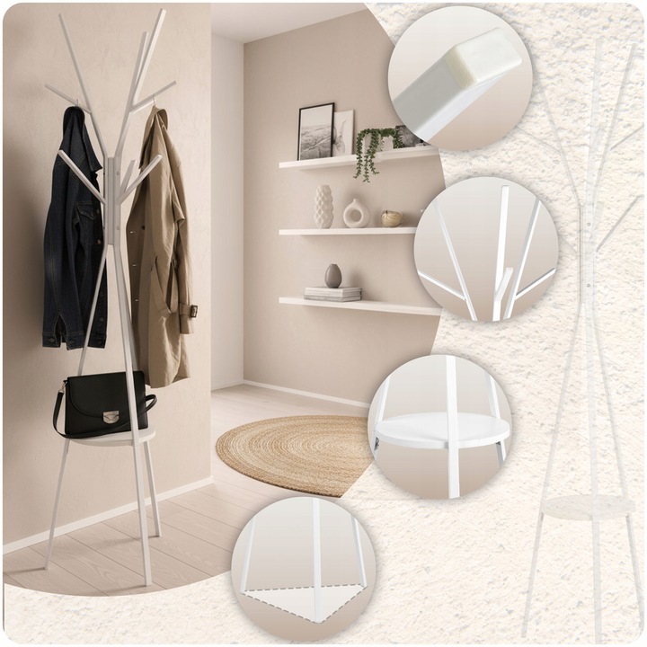 WIESZAK NA ODZIEŻ UBRANIA KURTKI STOJĄCY PODŁOGOWY PÓŁKA BIAŁY STOJAK