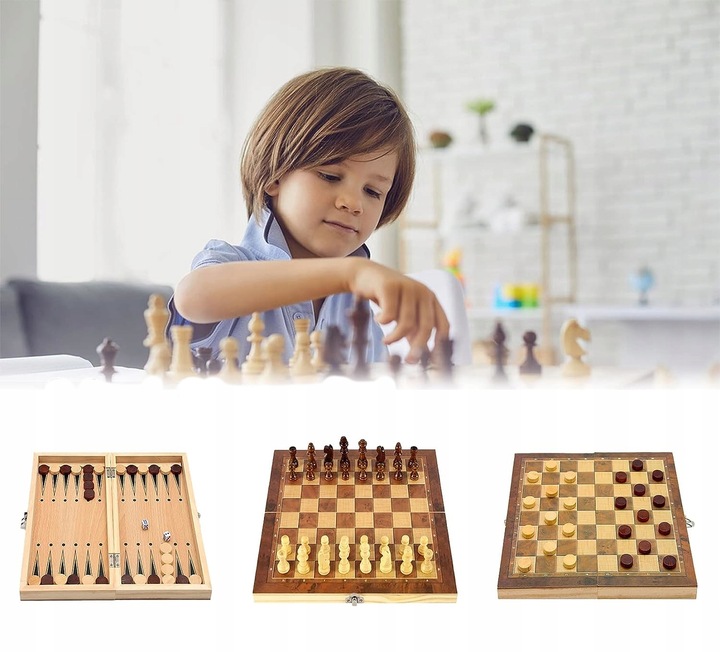 GRA W SZACHY WARCABY TRYKTRAK DUŻE DREWNIANE 3w1 PREZENT