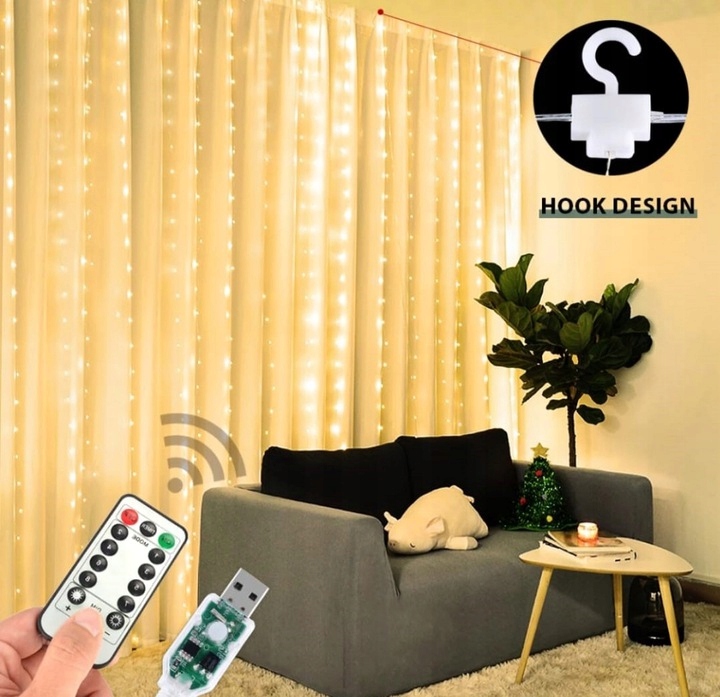 KURTYNA ŚWIETLNA 200 LED DRUCIKI 2x2m BIAŁY CIEPŁY 200L USB PILOT