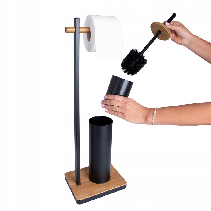 Stojak uchwyt wieszak na papier toaletowy i szczotkę do WC czarny bambus