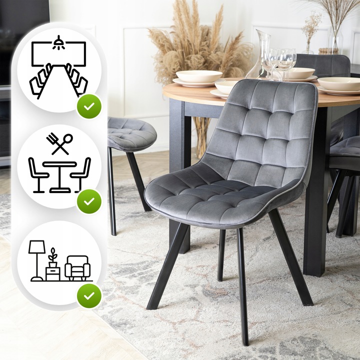 Krzesło Tapicerowane Welurowe Do Jadalni Salonu Loft Pikowane Szare