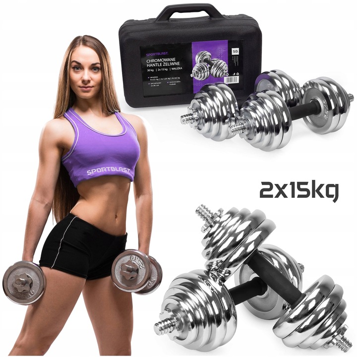 Hantle żeliwne 2x15kg WALIZKA regulowane chromowane zestaw talerze gryfy