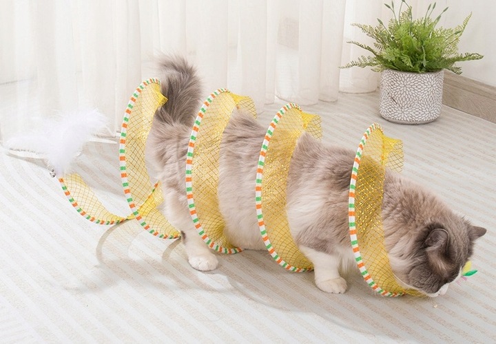 TUNEL DLA KOTA ZABAWKA SPRĘŻYNKA MYSZKA PIÓRKA 2w1