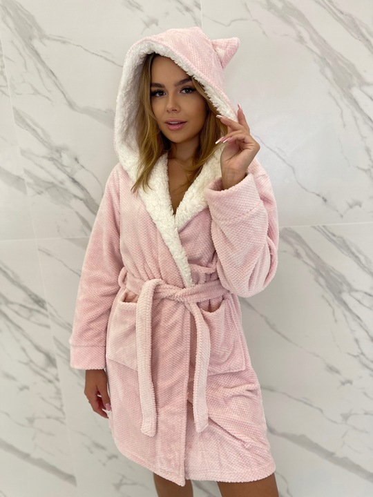 Szlafrok Damski Ciepły Miękki Gruby z Kapturem Uroczy Polarowy M Różowy