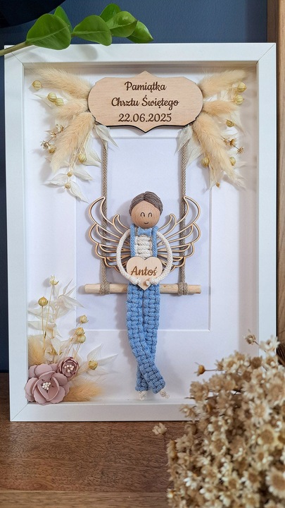 MAKRAMA RAMKA ANIOŁ PREZENT PAMIĄTKA CHRZTU ŚWIĘTEGO KOMUNII ŚWIĘTEJ