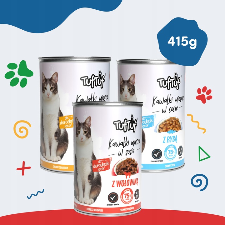 MOKRA KARMA DLA KOTA 24x415g 75% MIĘSA W SOSIE TUF TUF PUSZKI MIX