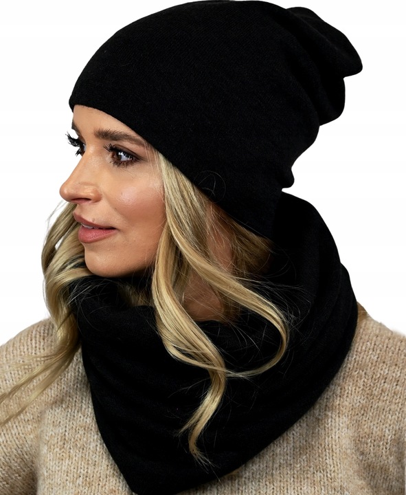 POLSKI Komplet CZAPKA + KOMIN Tunel Szal - CZARNY komplet damski na