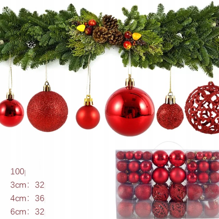 BOMBKI CHOINKOWE NIETŁUKĄCE OZDOBY ŚWIĄTECZNE ZESTAW BOMBEK 100szt CZERWONE