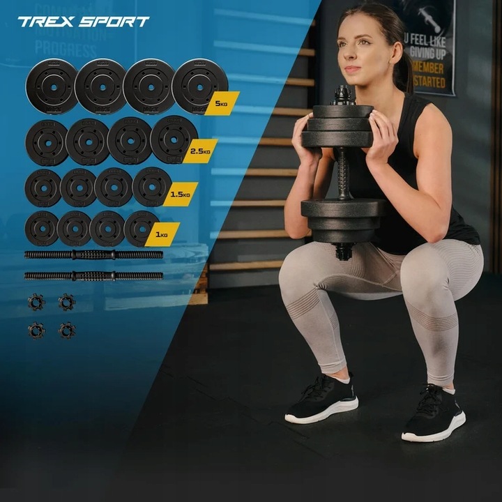 Hantle regulowane bitumiczne 40kg zestaw hantli gryf obciążenia Trex