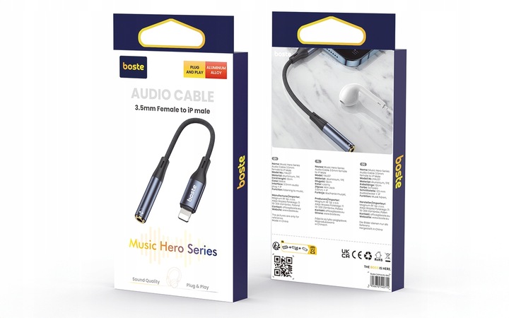 BOSTE KABEL ADAPTER PRZEJŚCIÓWKA AUDIO DO IPHONE LIGHTNING DO MINIJACK AUX