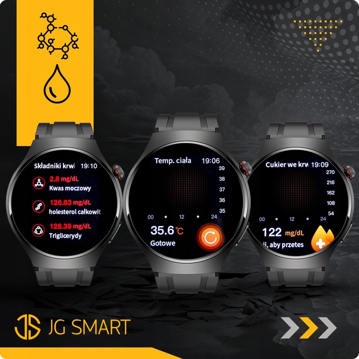 SMARTWATCH DO POMIAR GLUKOZY POLSKIE MENU ROZMOWY ZEGAREK MĘSKI + 3 PASKI