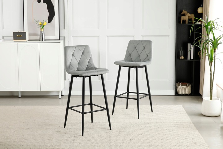 Hoker Krzesło Barowe Wysokie do Wyspy Welurowe Tapicerowane Szare