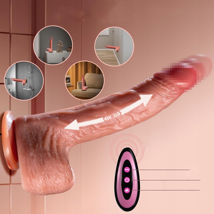 Dildo masturbator z teleskopowym i obrotowym i podgrzewanym wibratorem