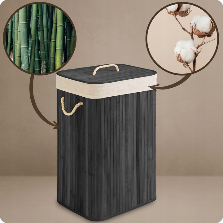 BAMBUSOWY KOSZ NA PRANIE BIELIZNĘ DUŻY POJEMNIK Z POKRYWĄ 72L