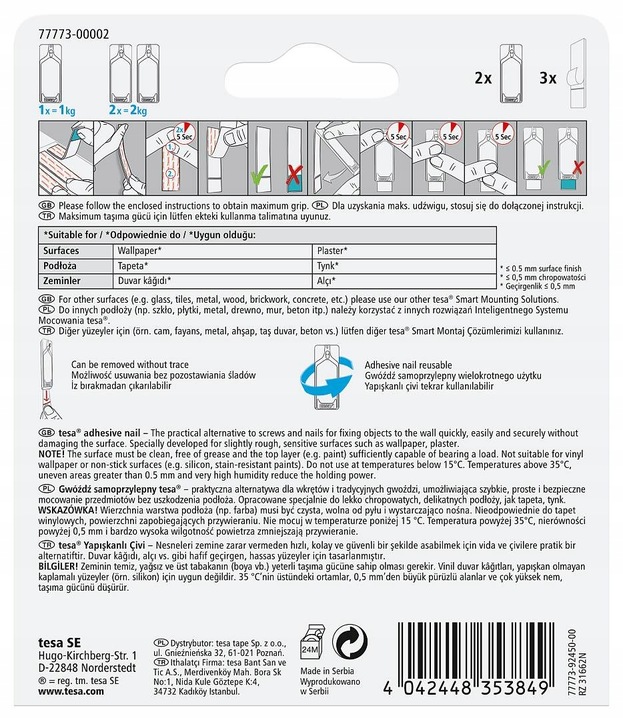 TESA Gwóźdź samoprzylepny do obrazów - Haczyki ścienne białe 1kg x2