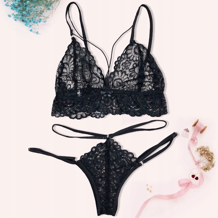 KORONKOWY KOMPLET SEKSOWNA BIELIZNA STANIK MAJTKI