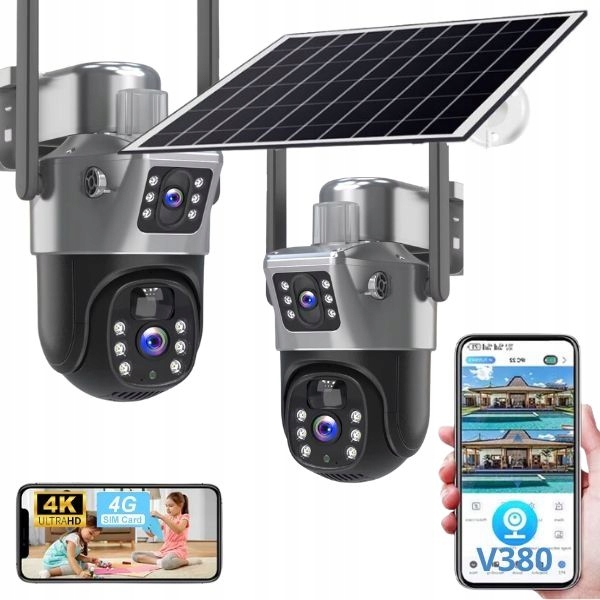 Solarna Zewnętrzna kamera dwa obiektywy 4K HD 8MP Karta SIM 4G LTE