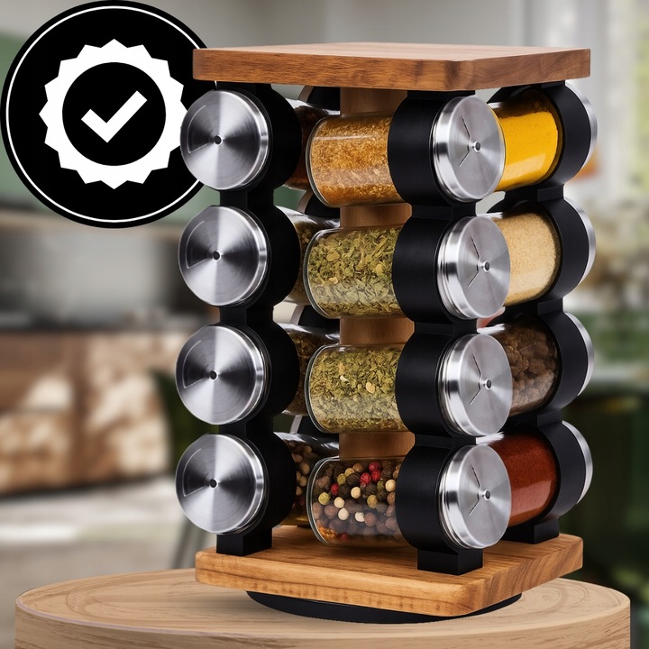 POJEMNIKI NA PRZYPRAWY STOJAK PRZYPRAWNIK OBROTOWY Drewniany 16 SŁOICZKÓW