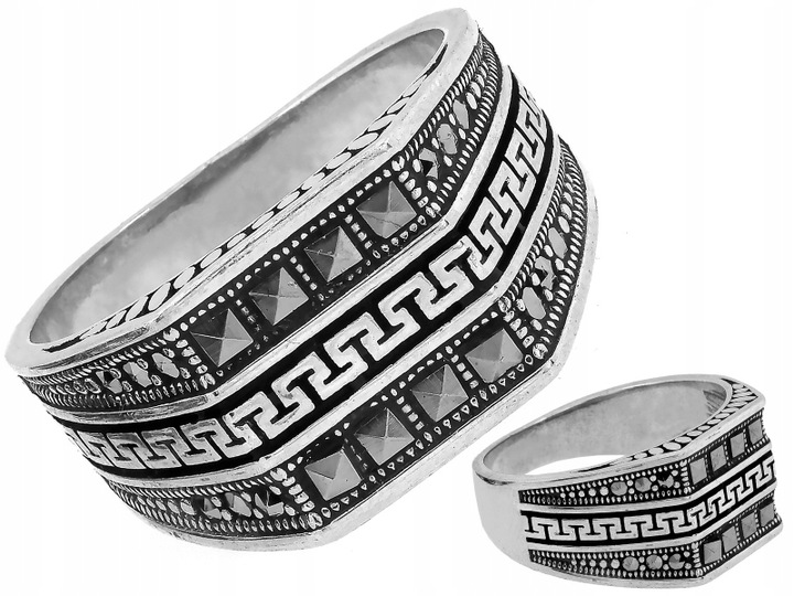 Srebrny 925 sygnet uniwersalny oksydowany z wzorem greckim na prezent r28