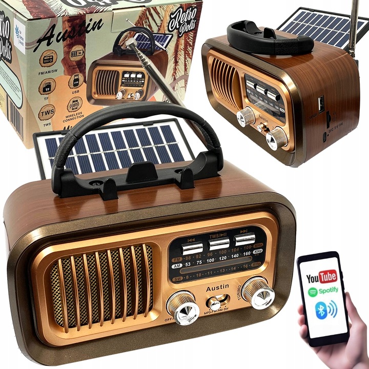 Retropolis AUSTIN Vintage Radio Retro Solar USB microSD Bluetooth