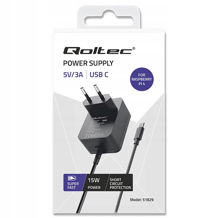 Qoltec Ładowarka Super FAST PD do Raspberry PI 4 USB-C 15W 5V 3A Czarna