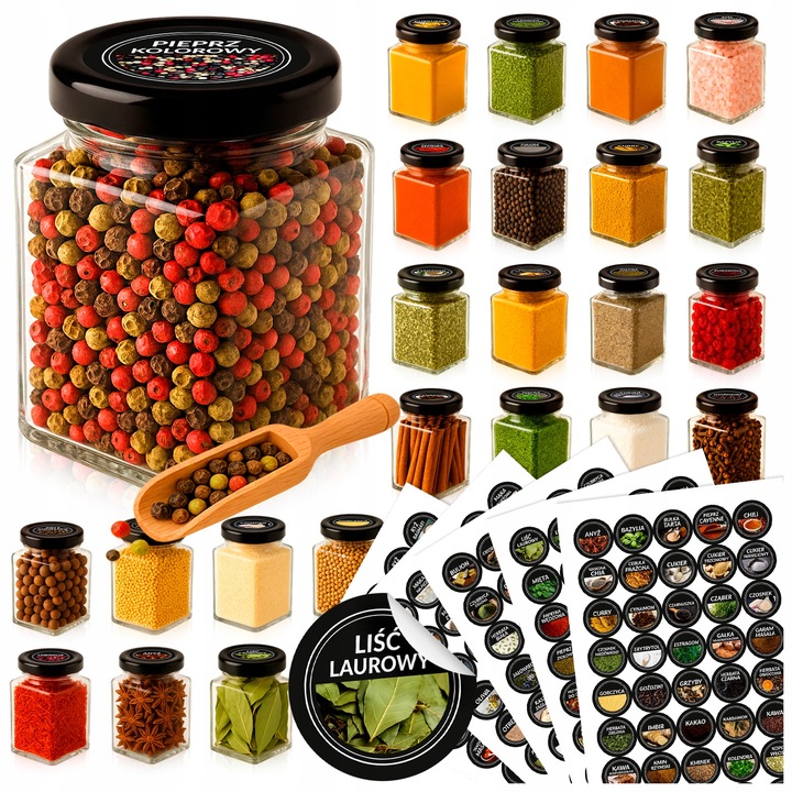 24x słoiczki 120 ml na przyprawy + NABIERAK + 200x etykiety PRZYPRAWNIK