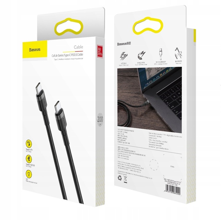 BASEUS MOCNY KABEL USB-C SZYBKIE ŁADOWANIE TYP-C TYPE-C PD 60W QC 3.0 2M