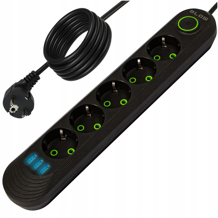 PRZEDŁUŻACZ LISTWA ZASILAJĄCA WŁĄCZNIK 3x USB 5 GNIAZD 5m UZIEMIENIE
