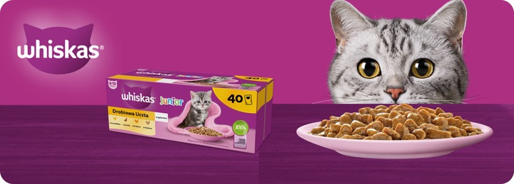 MOKRA KARMA WHISKAS JUNIOR DROBIOWA UCZTA 40x85G MIX SMAKÓW W GALARETCE