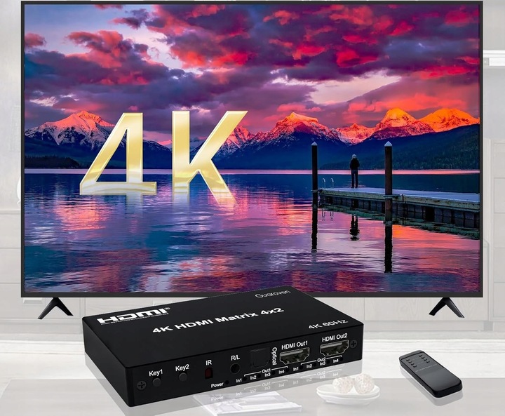 Matrix HDMI Switch Splitter 4x2 4K HDCP Rozdzielacz Toslink Jack + Pilot IR