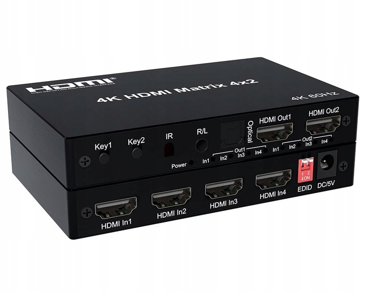 Matrix HDMI Switch Splitter 4x2 4K HDCP Rozdzielacz Toslink Jack + Pilot IR