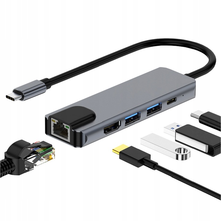Adapter HUB 5w1 USB-C przejściówka USB 2.0 PD HDMI 4K SD LAN