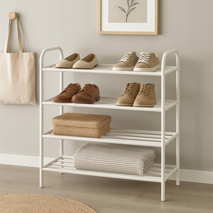 REGAŁ STOJAK METALOWY DUŻY PÓŁKA NA BUTY 4 POZIOMOWA STYLOWA BIAŁA