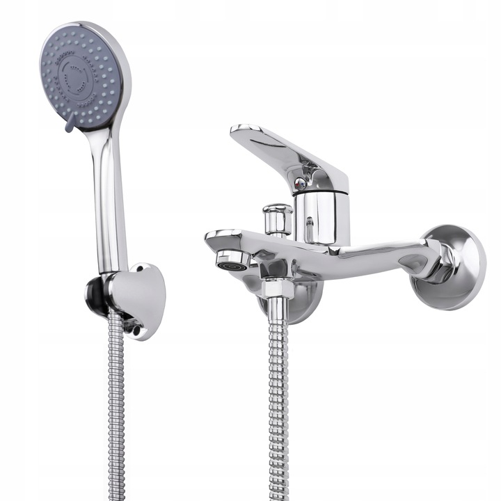 Bateria wannowa ścienna z prysznicem i wężem chrom srebrna kran YOKA