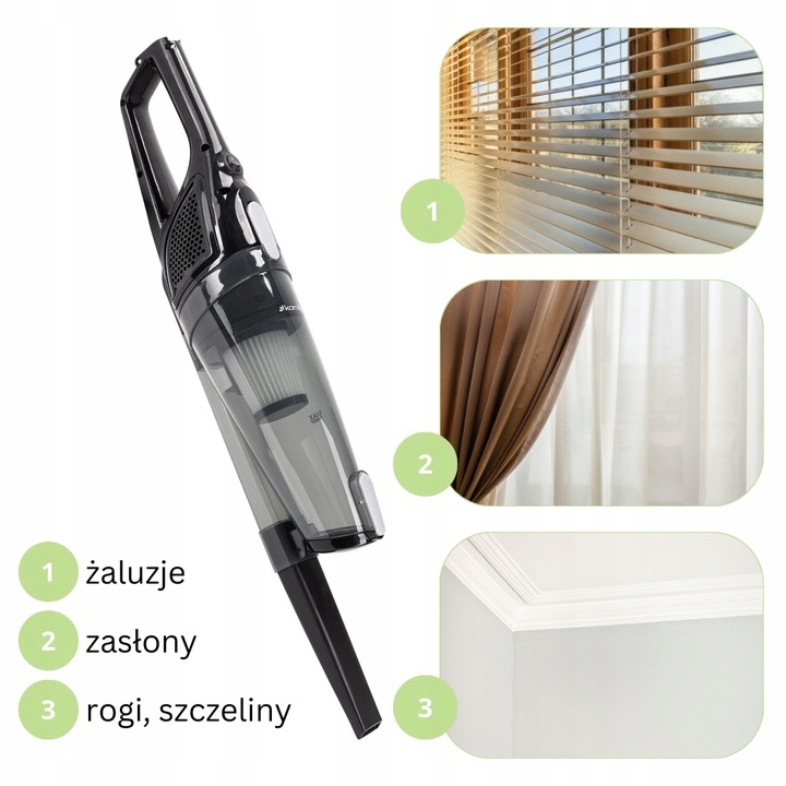 ODKURZACZ 2-w-1 RĘCZNY PIONOWY lekki MOCNY AKCESORIA filtr HEPA KAMILLE