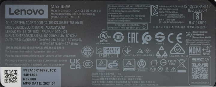 ORYGINALNY ZASILACZ ŁADOWARKA LENOVO 65W 20V 3.25 wtyk USB-C USBC USB Typ C