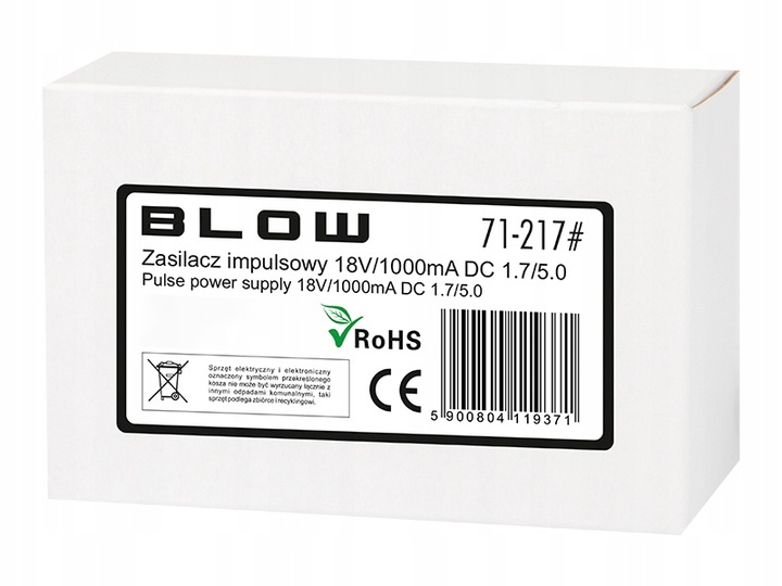 ZASILACZ IMPULSOWY 18V 1A 1,7 / 5,0 DC 1000mA (+) KABEL 110CM