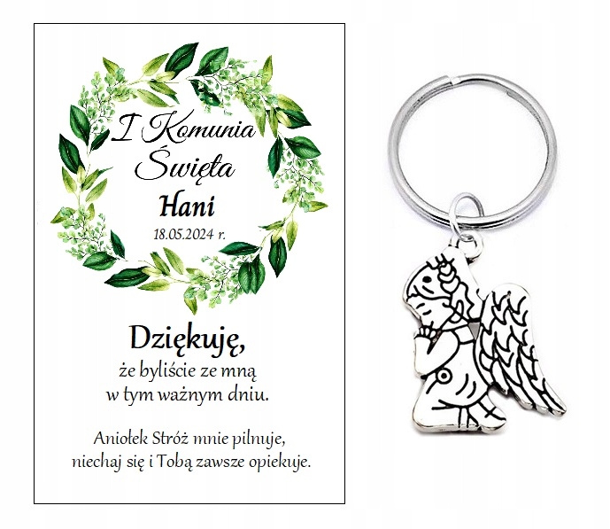 Podziękowanie dla gości breloczek ANIOŁEK KOMUNIA PAMIĄTKA PERSONALIZACJA