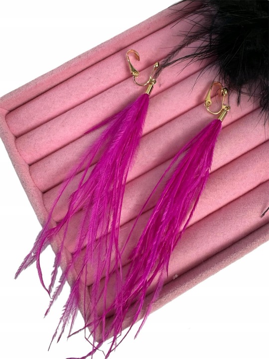 Klipsy do uszu długie pióra w kolorze fuksji zwiewne c39