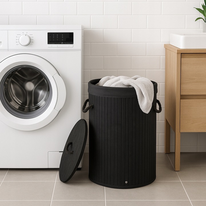 OKRĄGŁY KOSZ NA PRANIE BIELIZNĘ BAMBUSOWY ZAMYKANY SKŁADANY POJEMNY OVAL BL