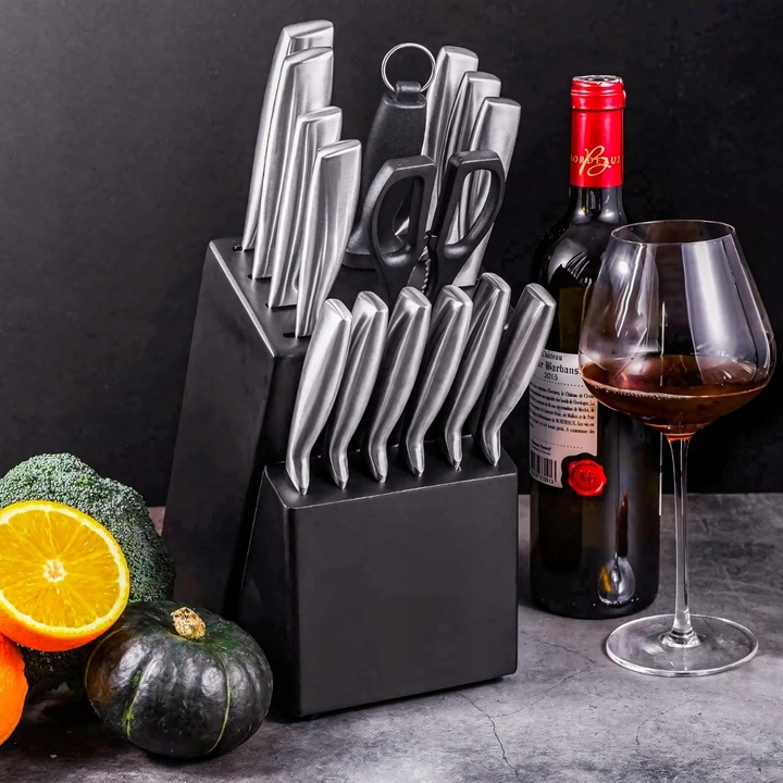 ZESTAW KOMPLET 16 NOŻY KUCHENNYCH STALOWYCH OSTRE W BLOKU STOJAK +