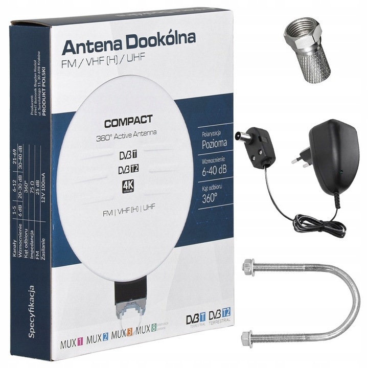 ANTENA DOOKÓLNA DO TV NAZIEMNEJ DVB-T2 ZEWNĘTRZNA AKTYWNA 4K HD MUX8 FM 360