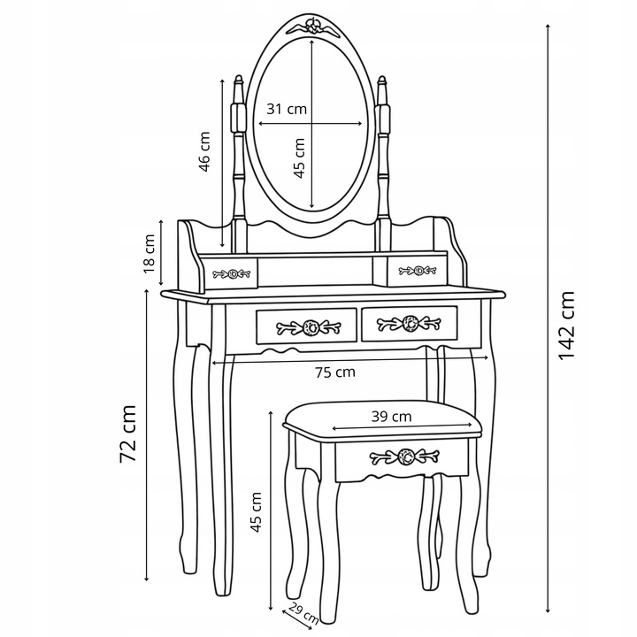 TOALETKA KOSMETYCZNA Z LUSTREM OBROTOWYM I TABORETEM DREWNIANA BIAŁA