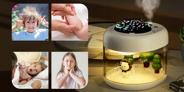 NAWILŻACZ POWIETRZA LAMPKA NOCNA Z PROJEKTOREM GWIAZD TYGRYSEK DLA