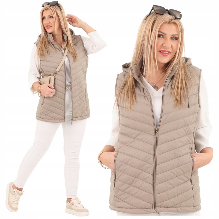 KAMIZELKA PIKOWANA DAMSKA PRZEJŚCIOWA DUŻE ROZMIARY BEZRĘKAWNIK Z KAPTUREM