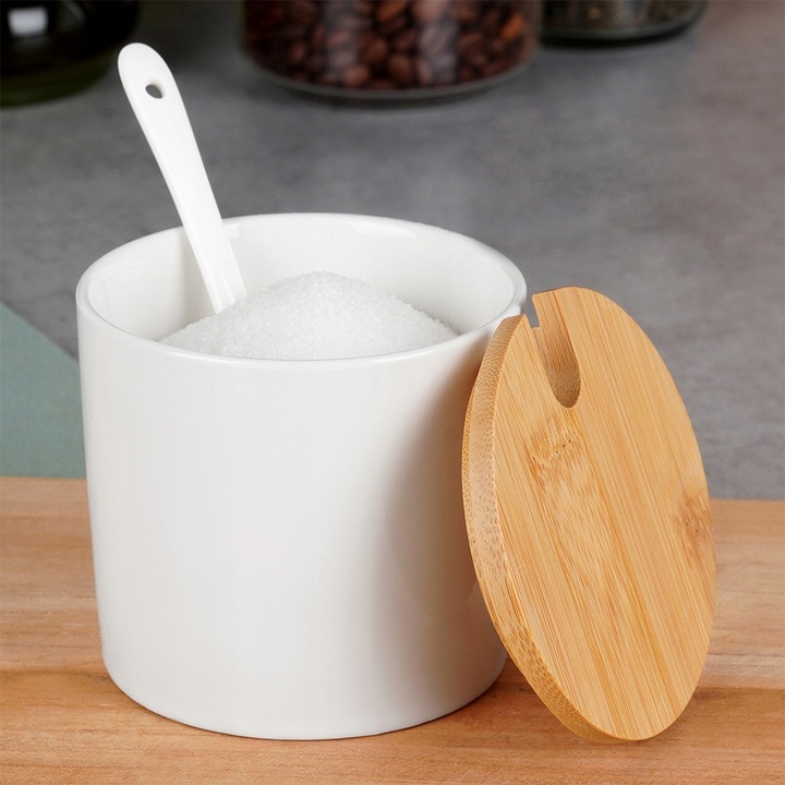 Cukierniczka CERAMICZNA BAMBUSOWA biała pojemnik na cukier z łyżeczką