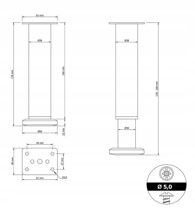 METALOWE NOGI DO ŁÓŻKA SZAFEK MEBLI REGULOWANE 178 - 300 mm CZARNE 4