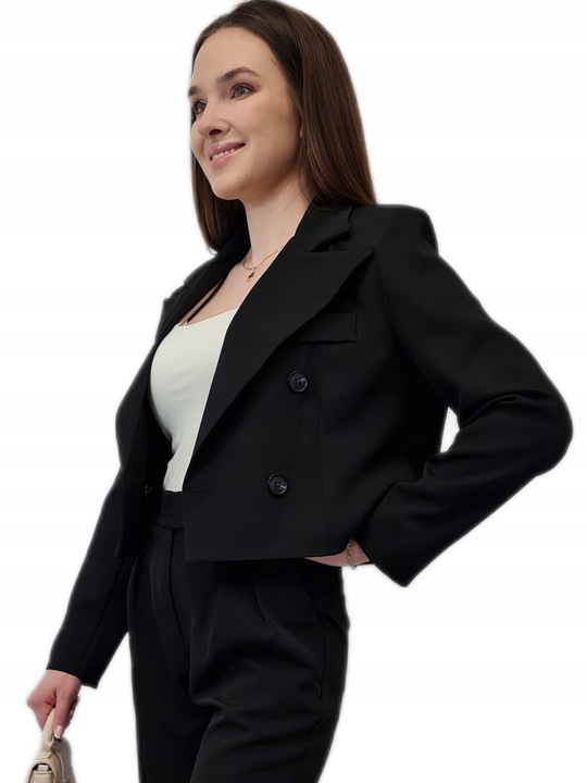 Modna MARYNARKA KRÓTKA Czarna, Nowoczesny Żakiet Damski do Garnituru, r. M